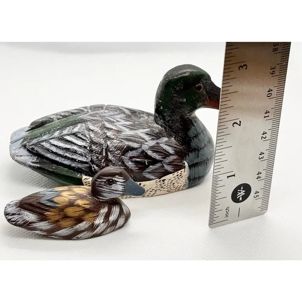 Vintage Carved Duck Pair Figurines – Stone Paperweight Duck and Wooden Mini Duck